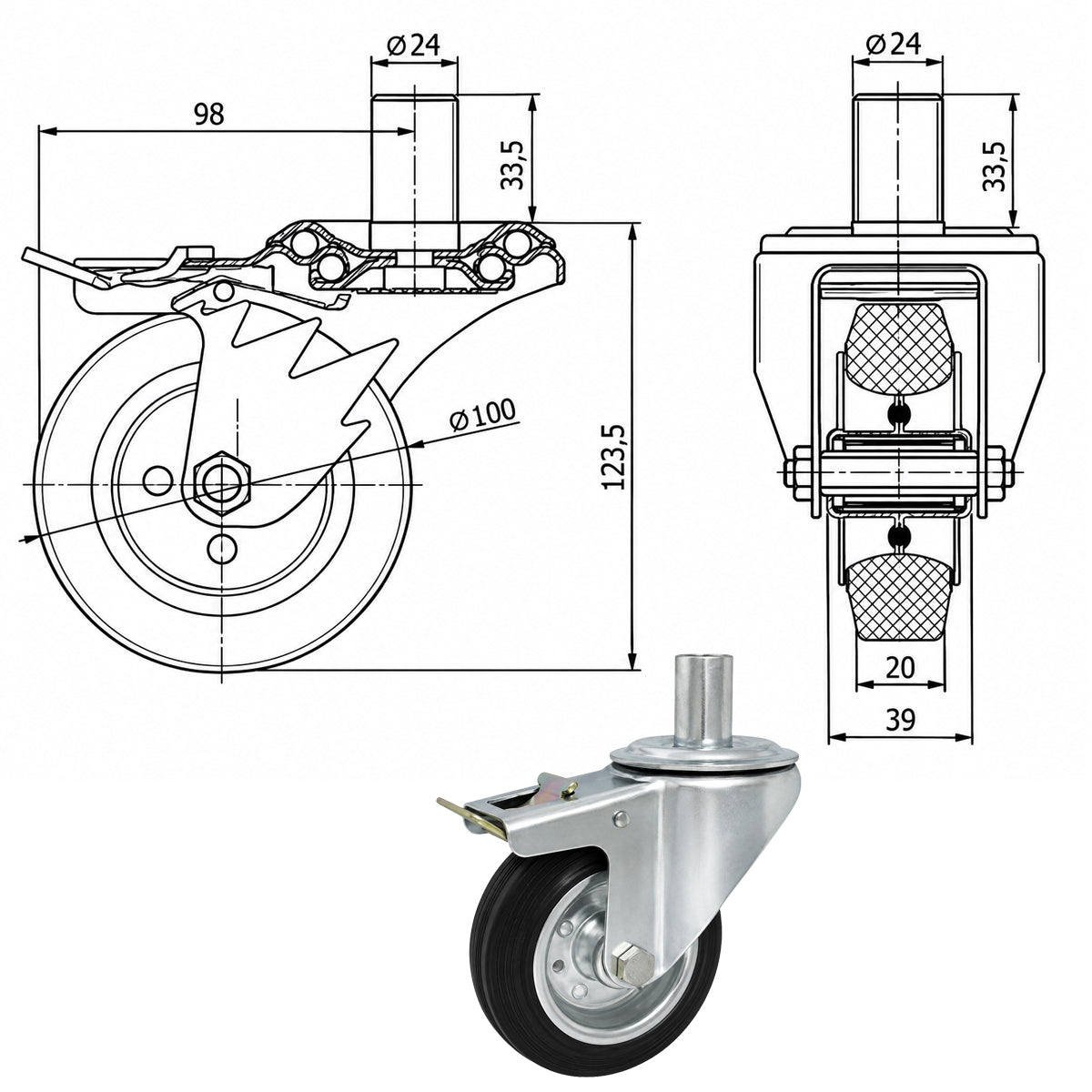 Metall-Gummiräder mit Befestigungsstift und Bremse Lenkrollen  Ø100 mm Code: 16H*24