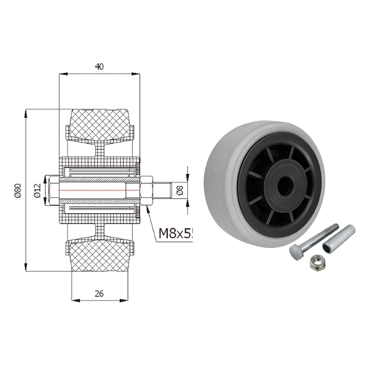 Kunststoff-Gummirrad Ø 80 mm Industrie Gummirad mit Montagesatz Code: 2TS