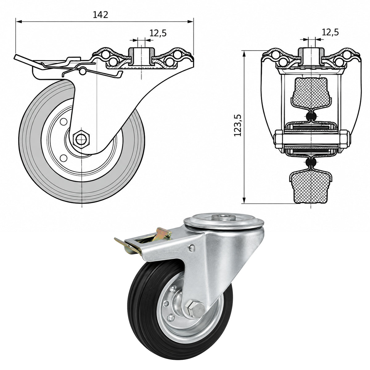Metall-Gummiräder mit Befestigungsstift mit Zentralbohrung und Bremse Ø100 mm Code: 17H