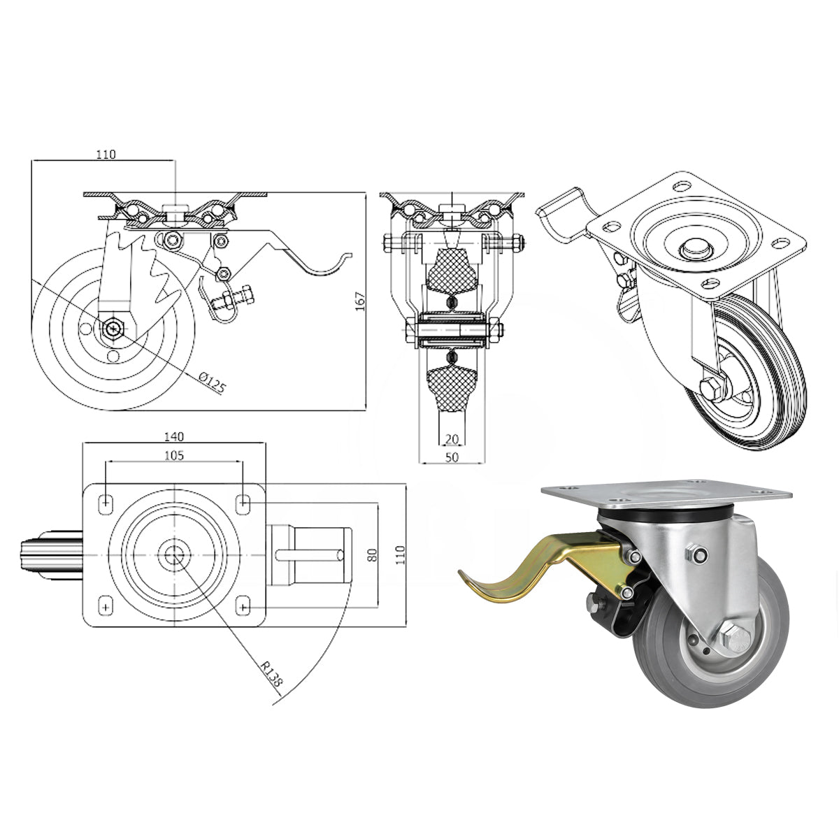 Metall-Gummiräder mit Befestigungsplatte und Bremse Lenkrolle Ø125 mm Code: 25SH