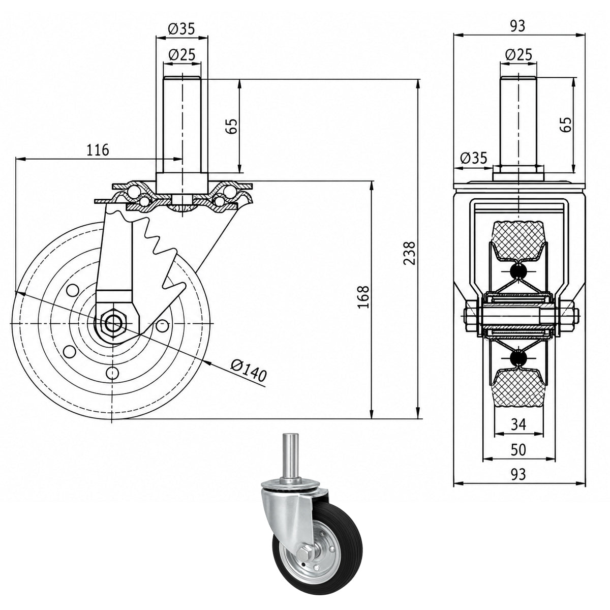 Metall-Gummiräder mit Befestigungsstift Lenkrollen Lenkrollen Ø140 mm Code: 34*25
