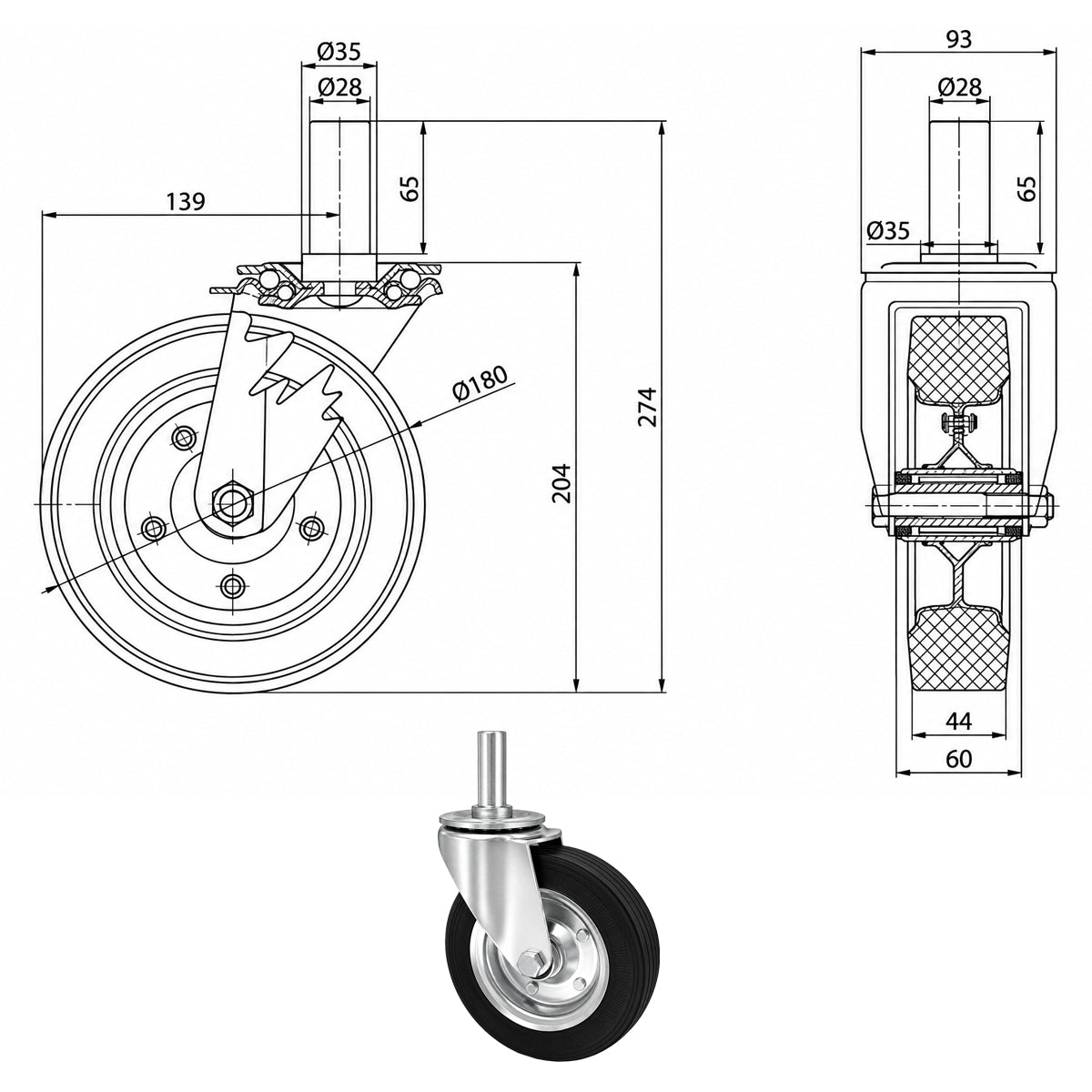 Metall-Gummiräder mit Befestigungsstift Lenkrollen  Ø180 mm Code: 54N*28