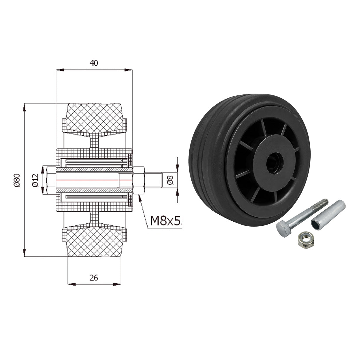 Kunststoff-Gummirrad Ø 80 mm Industrie Gummirad mit Montagesatz Code: 2T
