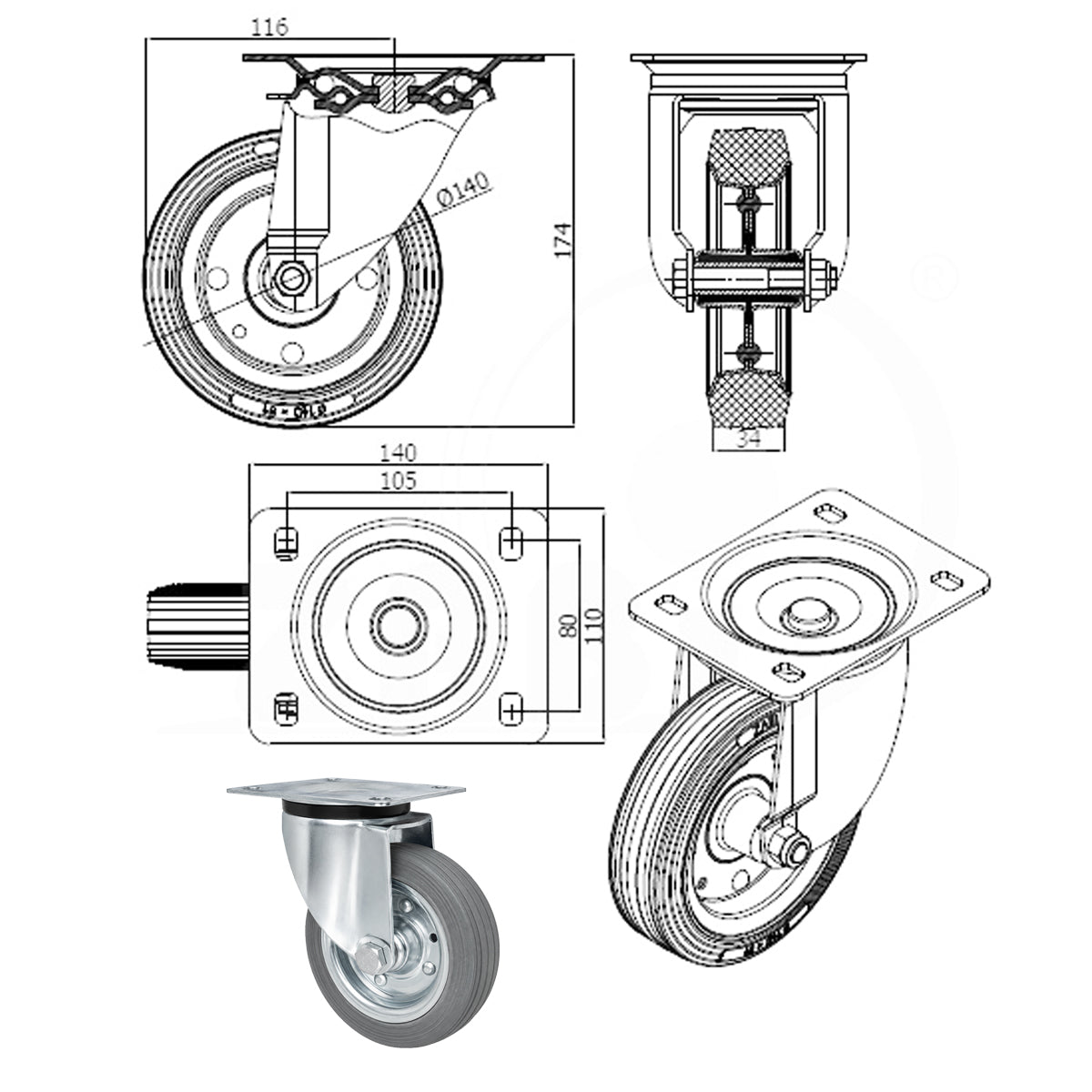 Metall-Gummiräder mit Befestigungsplatte Lenkrolle Ø140 mm mit Platte Code: 32S