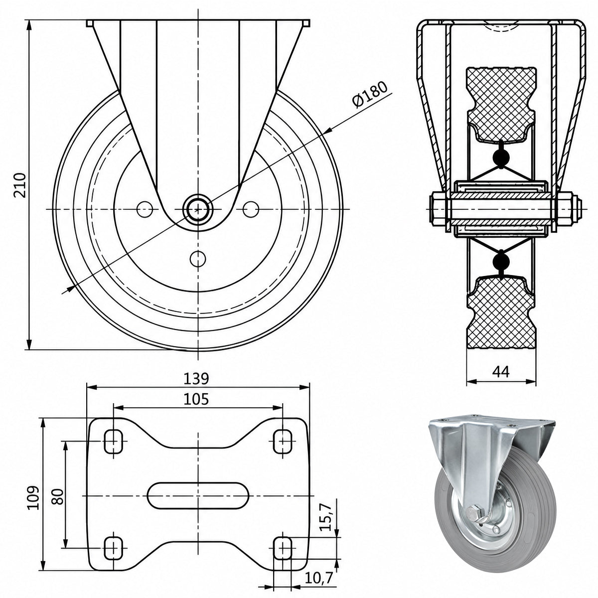 Metall-Gummiräder mit Platte Bockrolle Ø180 mm mit Platte Code: 53S