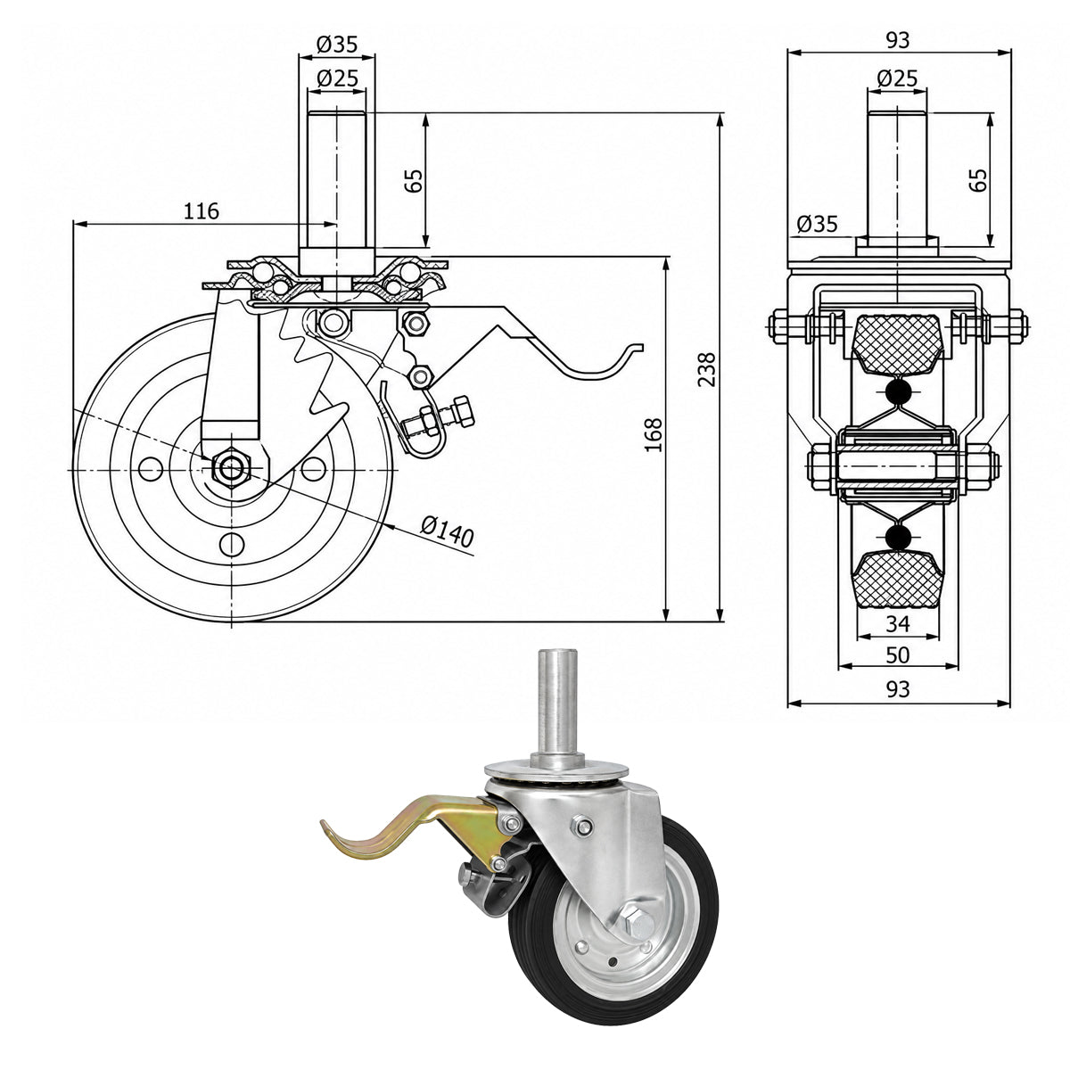 Metall-Gummiräder mit Befestigungsstift und Bremse Lenkrollen  Ø140 mm Code: 36H*25