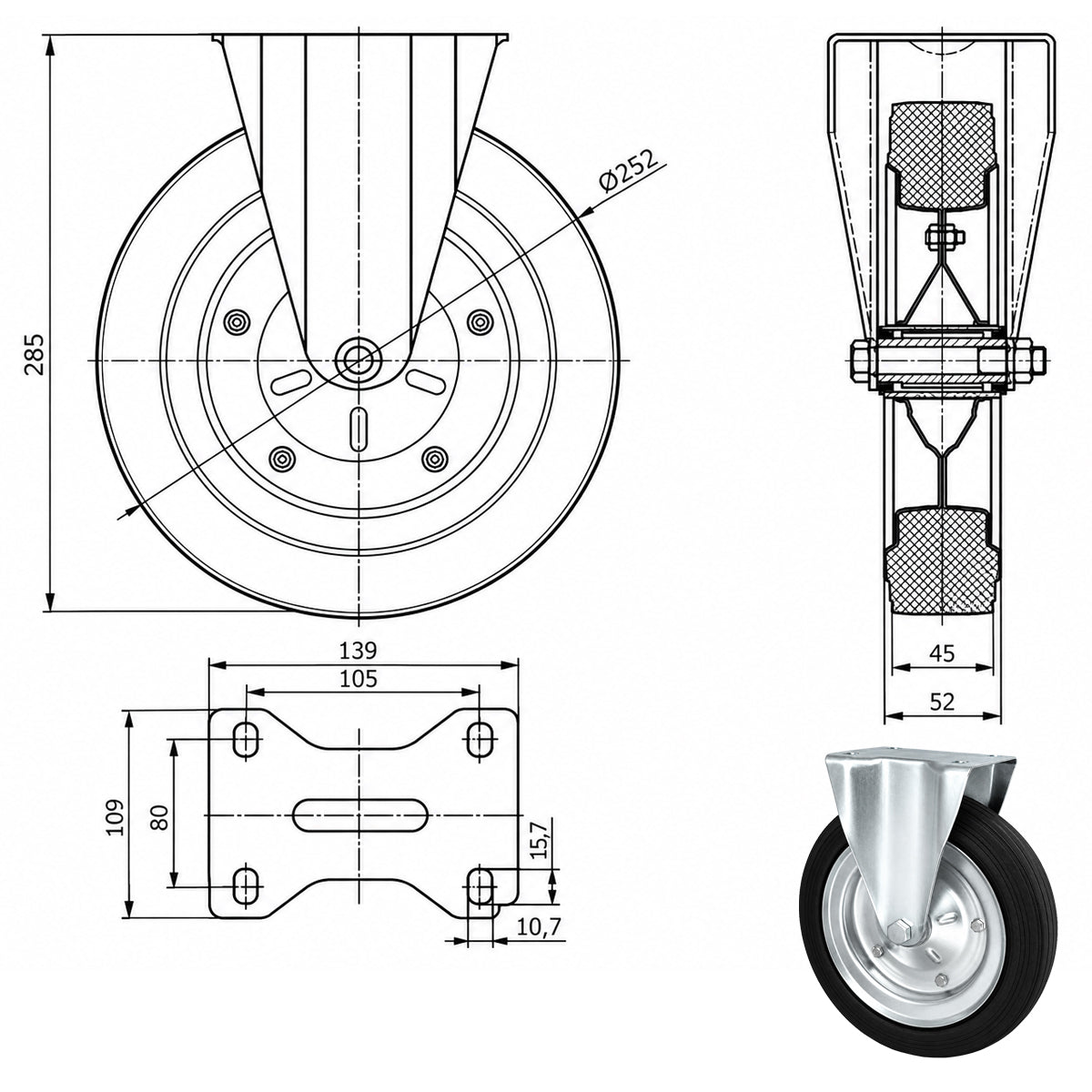 Metall-Gummiräder mit Platte Bockrolle Ø250 mm mit Platte Code: 93