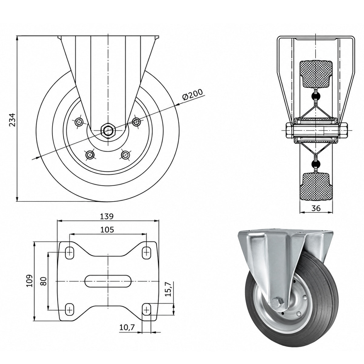 Metall-Gummiräder mit Platte Bockrolle Ø200 mm mit Platte Code: 63S