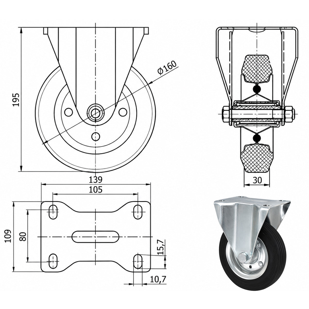 Metall-Gummiräder mit Platte Bockrolle Ø160 mm mit Platte Code: 43
