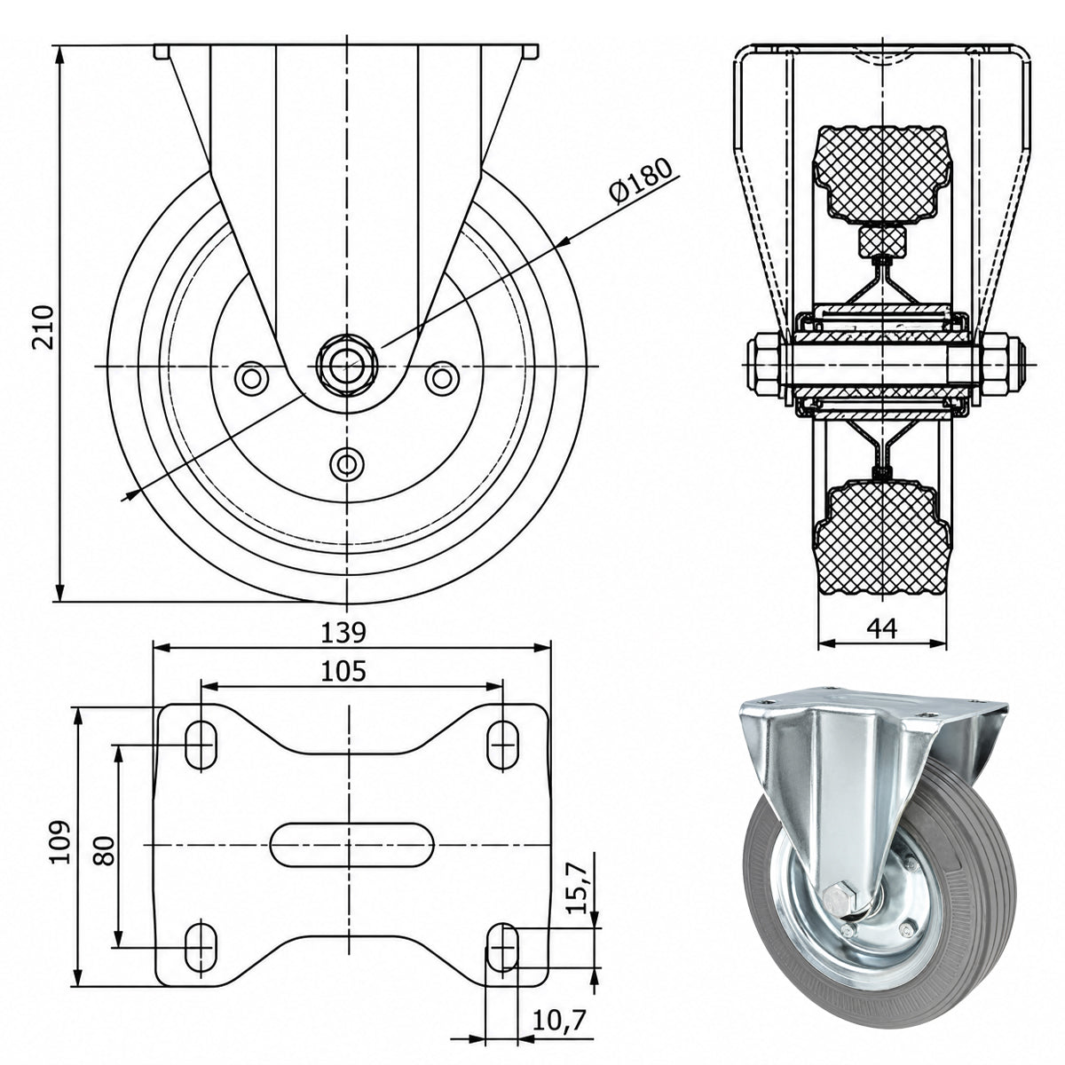 Metall-Gummiräder mit Platte Bockrolle Ø180 mm mit Platte Code: 53NS