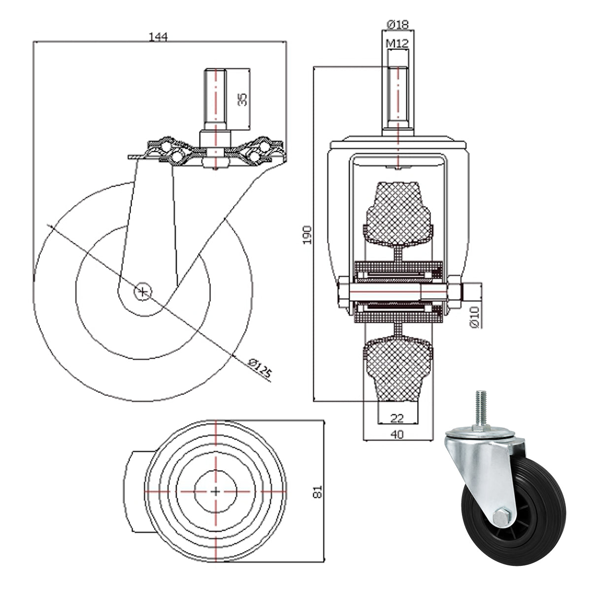 Kunststoff-Gummiräder mit Befestigungsstift Lenkrollen Ø125 mm Code: 24MT9*M12
