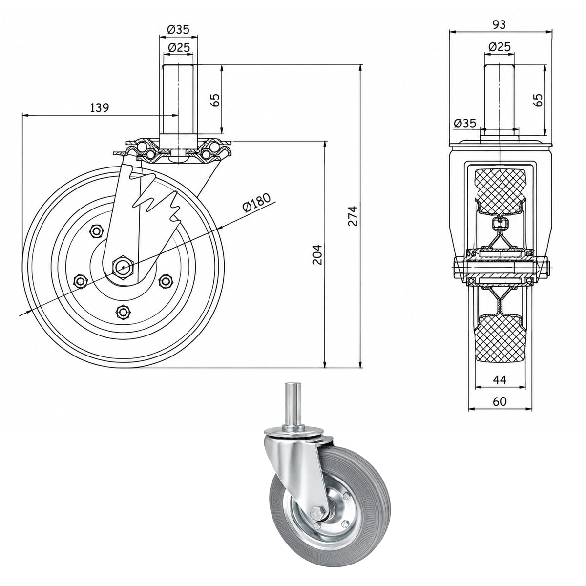Metall-Gummiräder mit Befestigungsstift Lenkrollen  Ø180 mm Code: 54NS*27