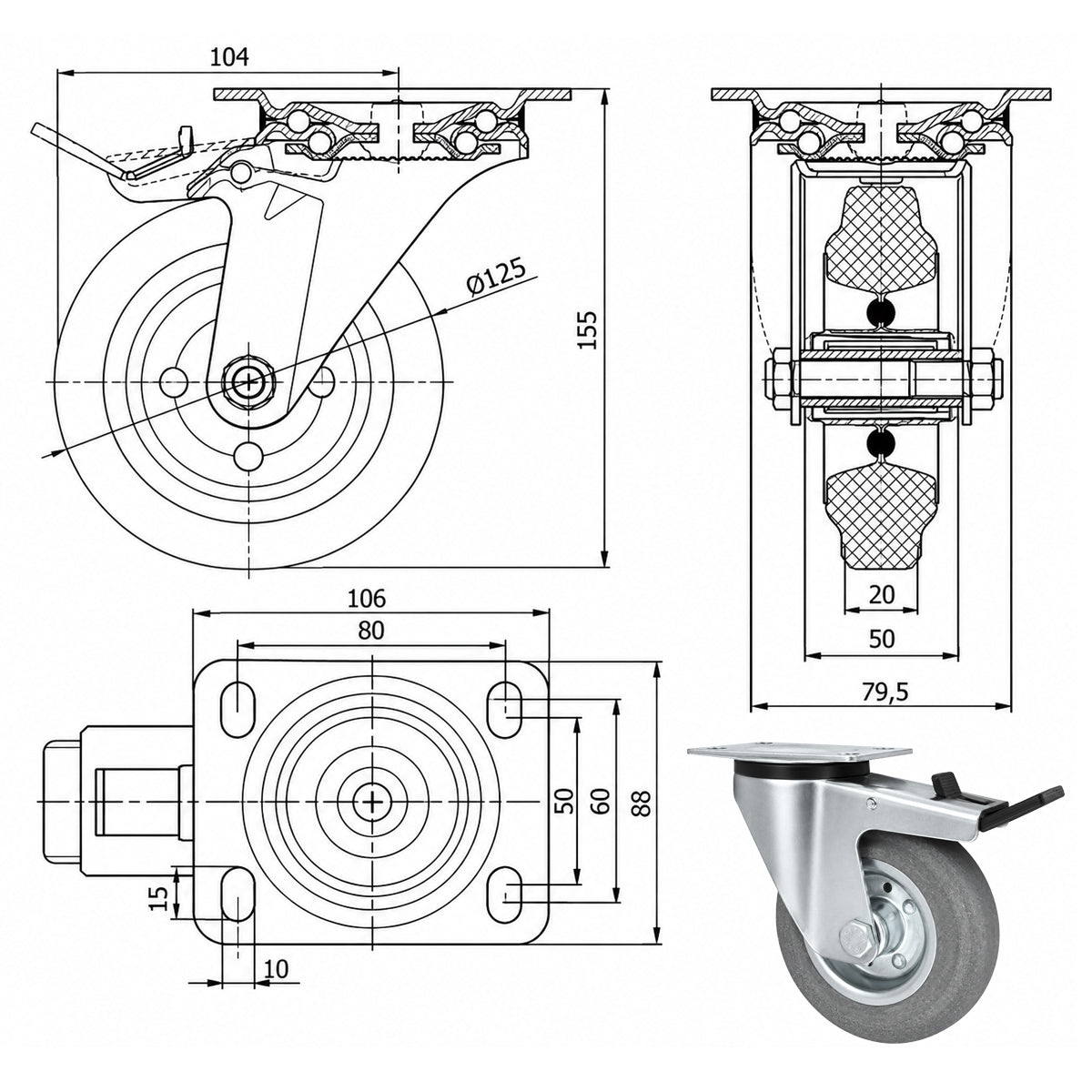 Metall-Gummiräder mit Befestigungsplatte und Bremse Lenkrolle Ø125 mm Code: 25MSH