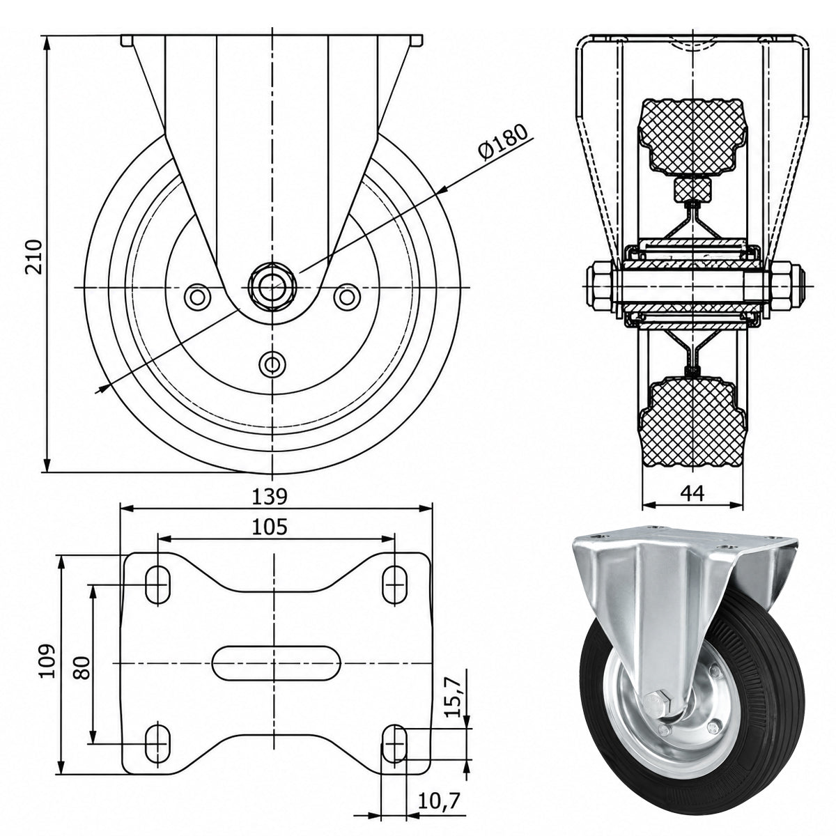 Metall-Gummiräder mit Platte Bockrolle Ø180 mm mit Platte Code: 53N