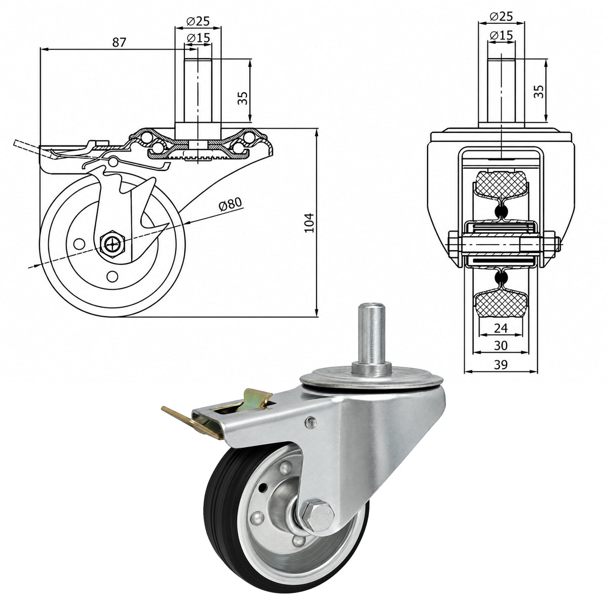 Metall-Gummiräder mit Befestigungsstift und Bremse Lenkrollen  Ø80 mm Code: 7H*24