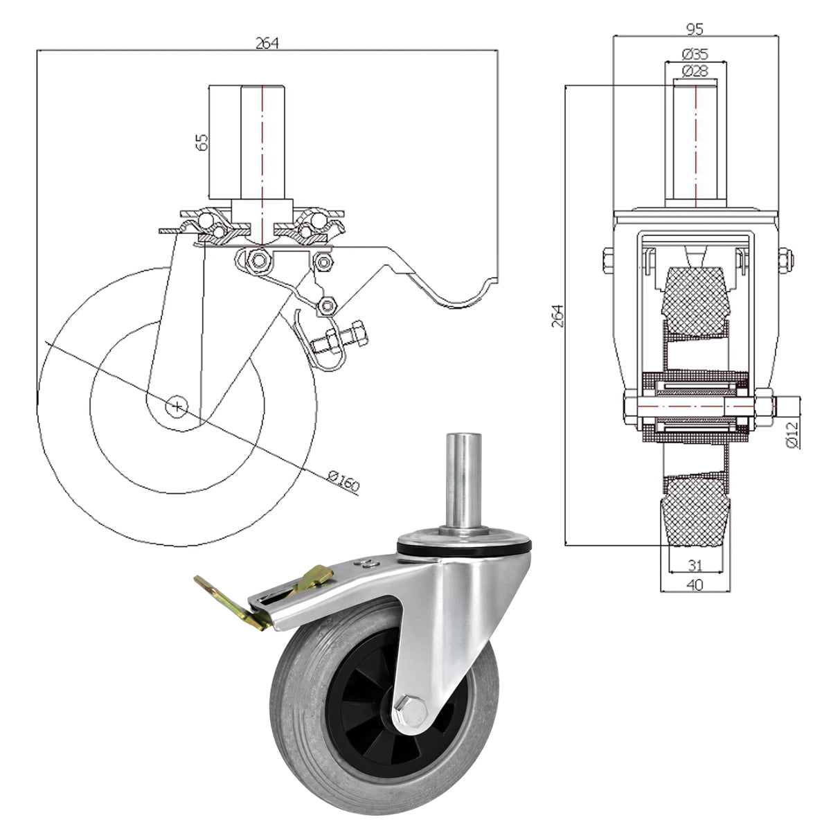Kunststoff-Gummiräder mit Befestigungsstift und Bremse Lenkrollen  Ø160 mm Code: 46TSH*28
