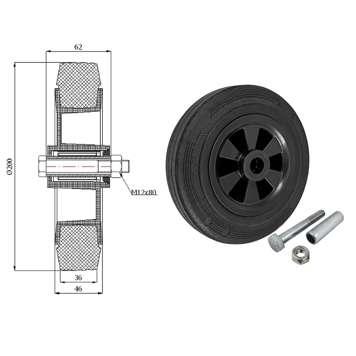 Kunststoff-Gummirrad Ø 200 mm Industrie Gummirad mit Montagesatz Code: 61T