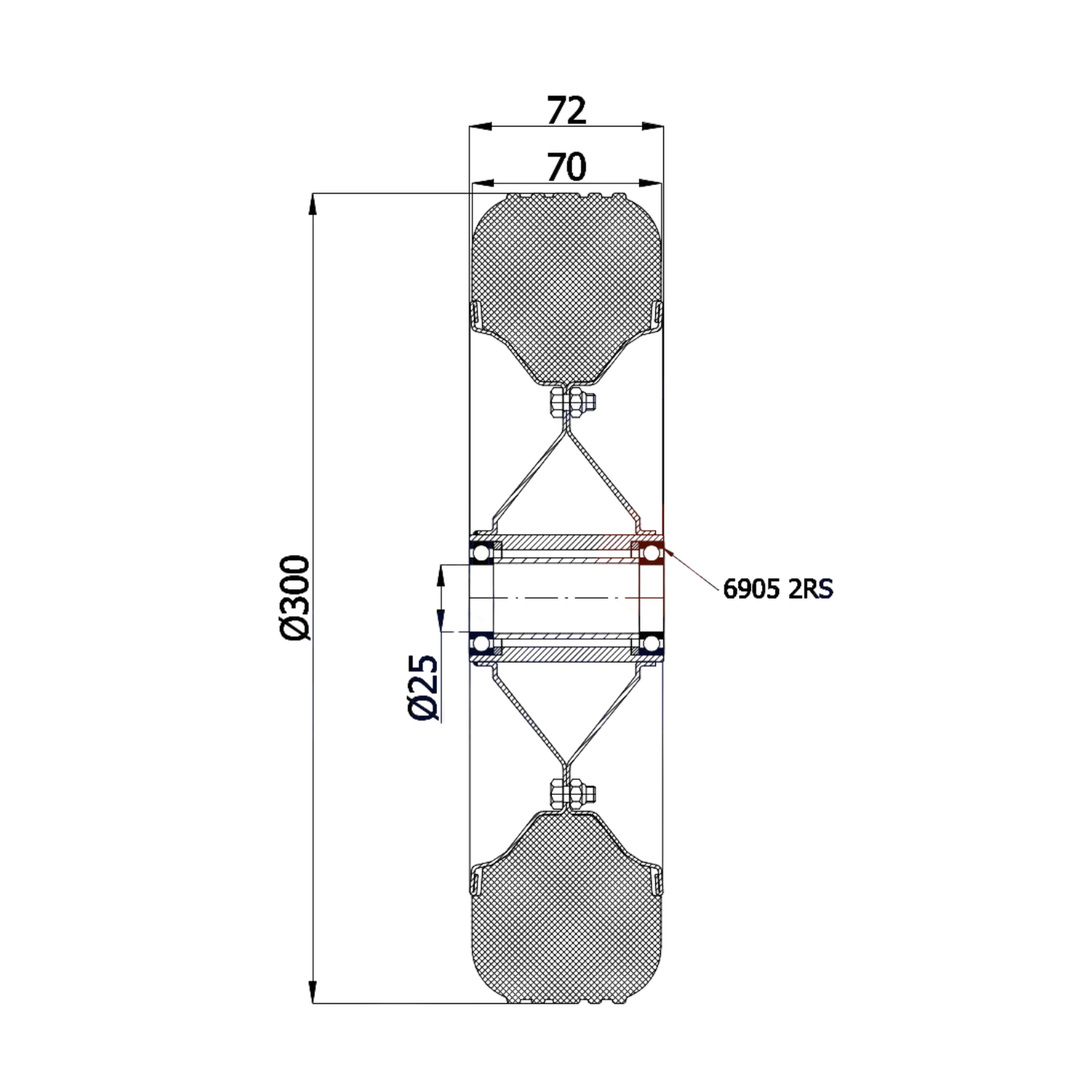Ersatzrad Ø300 mm – Vollgummi Industrierad mit Kugellager für Transportwagen, Code: 100LL/25