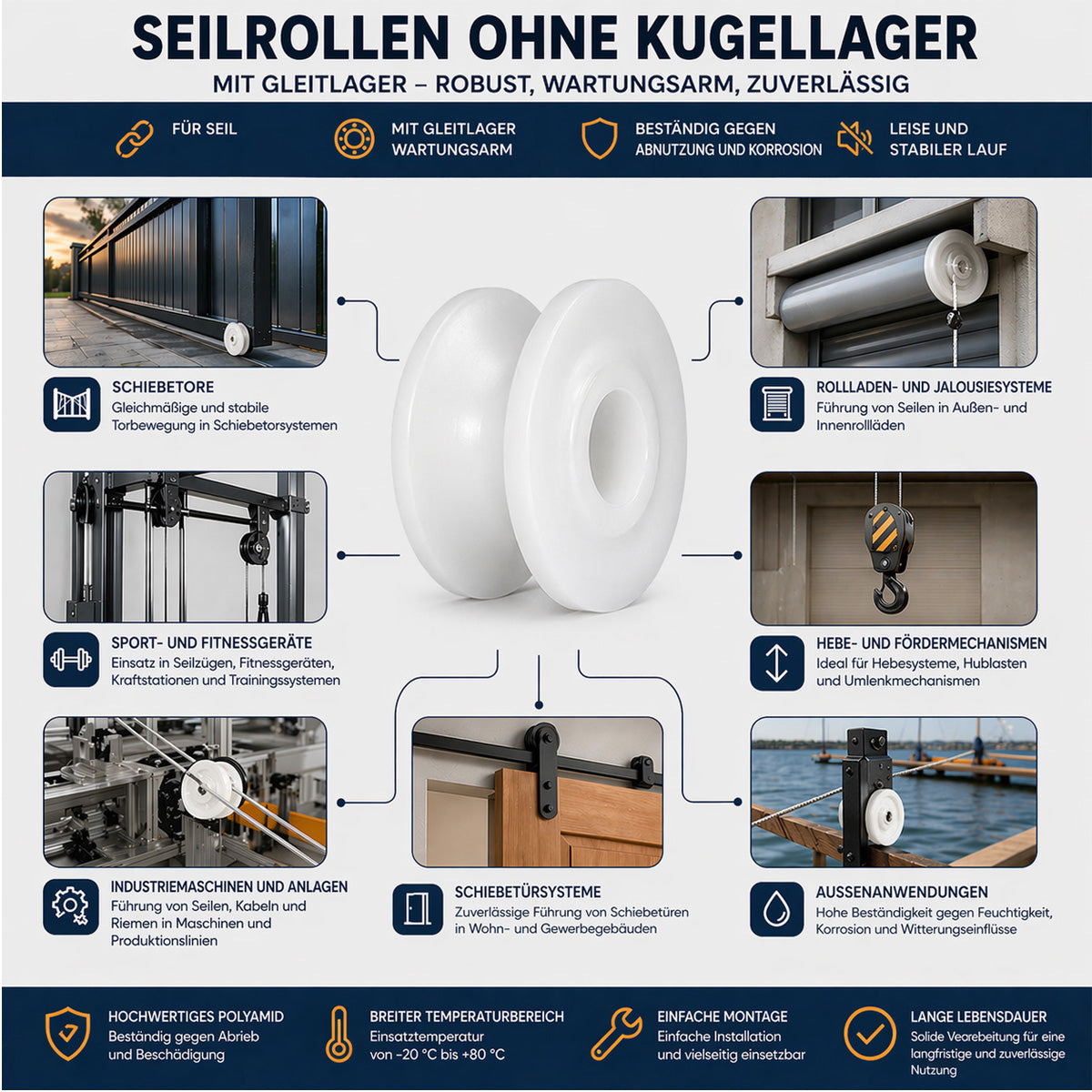 Seilrolle mit Gleitlager Ø100mm Polyamid Kunststoffrolle für Seil Ø10 mm C100/10