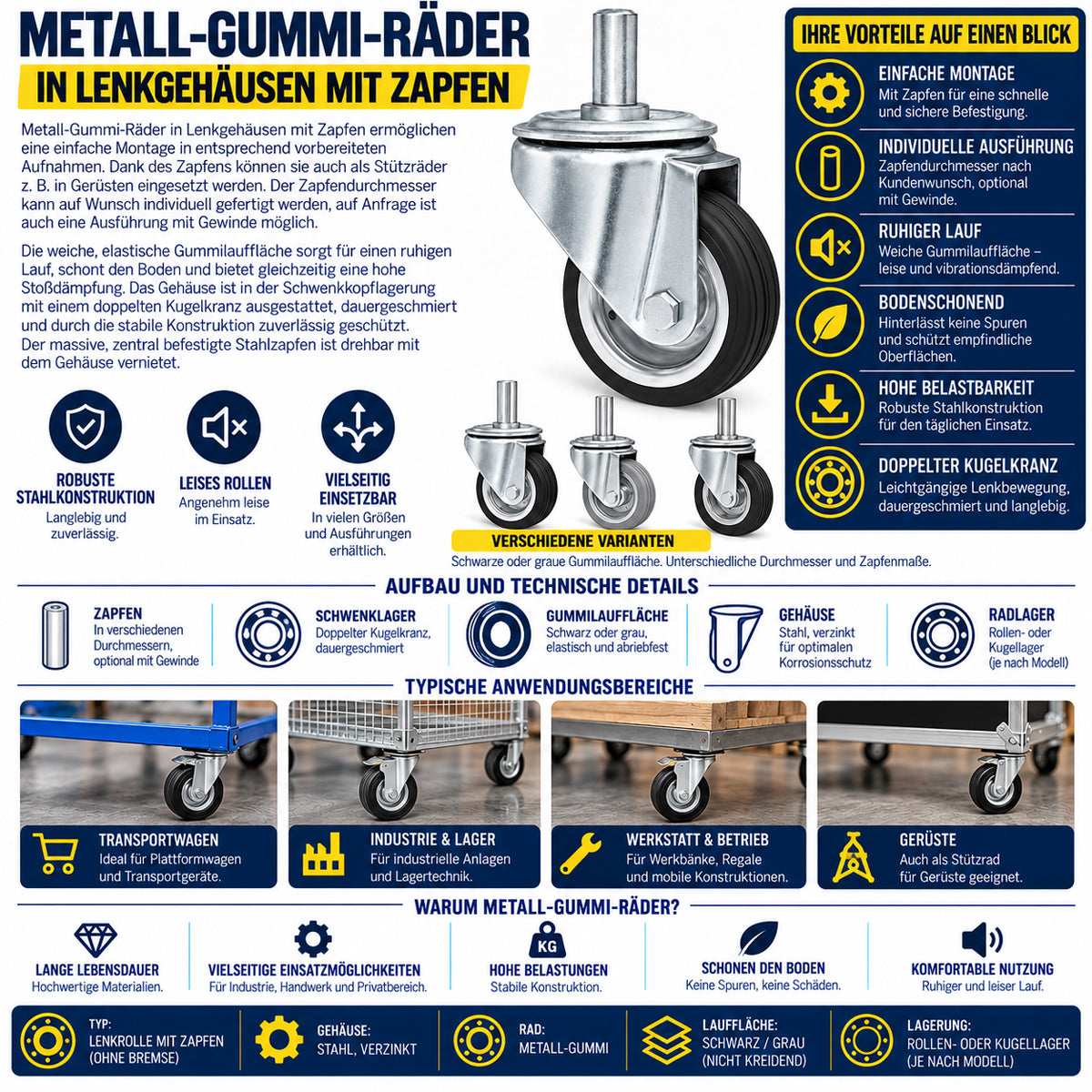 Metall-Gummiräder mit Befestigungsstift Lenkrollen  Ø200 mm Code: 64NS*25