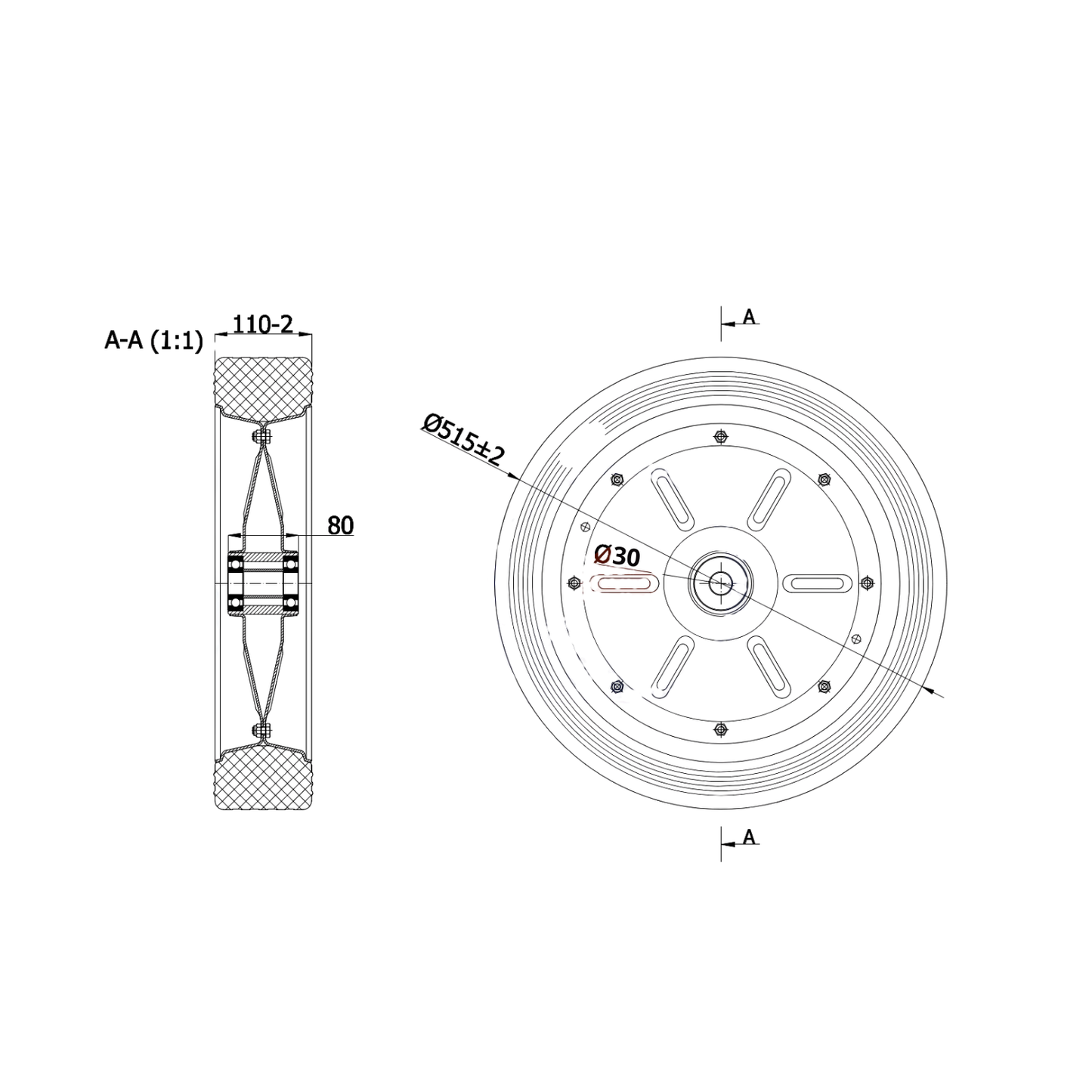 Ersatzrad Ø500 mm – Vollgummi Industrierad mit Kugellager für Transportwagen, Code: 500LL/30