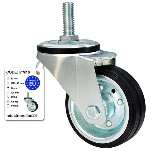 Metall-Gummiräder mit Befestigungsstift Lenkrollen Lenkrollen Ø80 mm Code: 5*M10