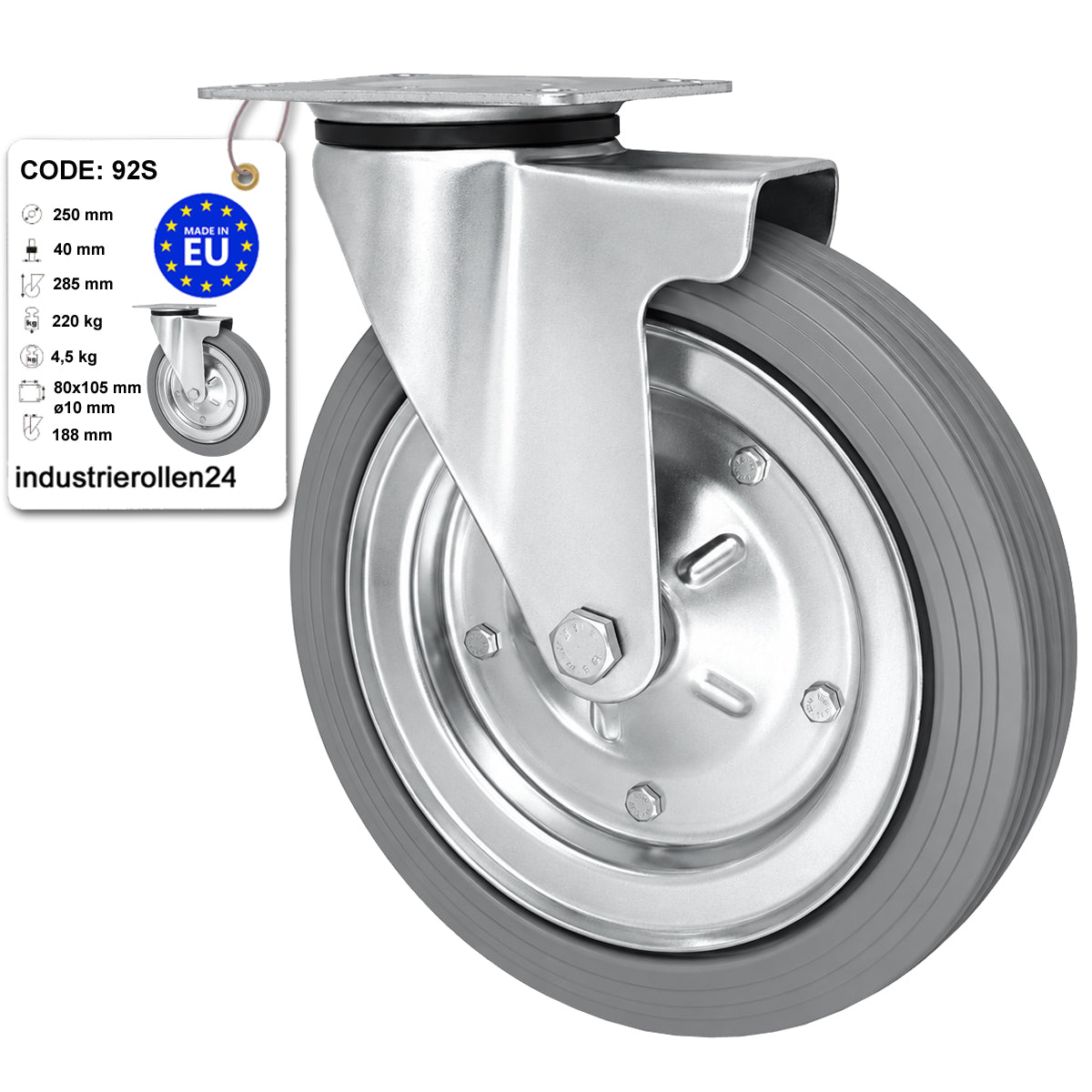 Metall-Gummiräder mit Befestigungsplatte Lenkrolle Ø250 mm mit Platte Code: 92S
