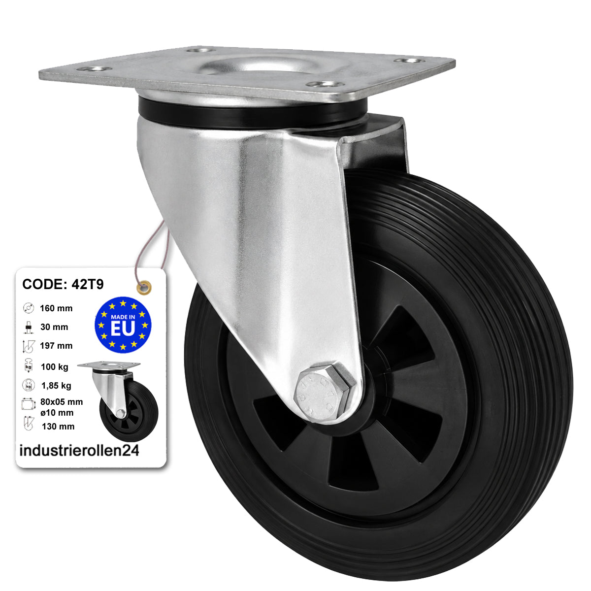Kunststoff-Gummirrad mit Anschraubplatte Lenkrolle Ø160 mm mit Platte Code: 42T9