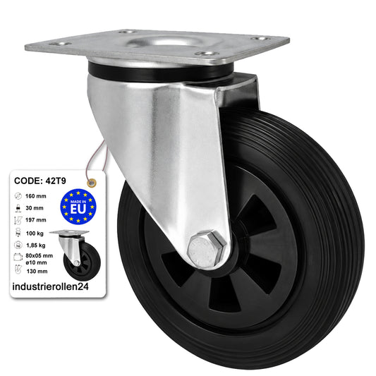 Kunststoff-Gummirrad mit Anschraubplatte Lenkrolle Ø160 mm mit Platte Code: 42T9