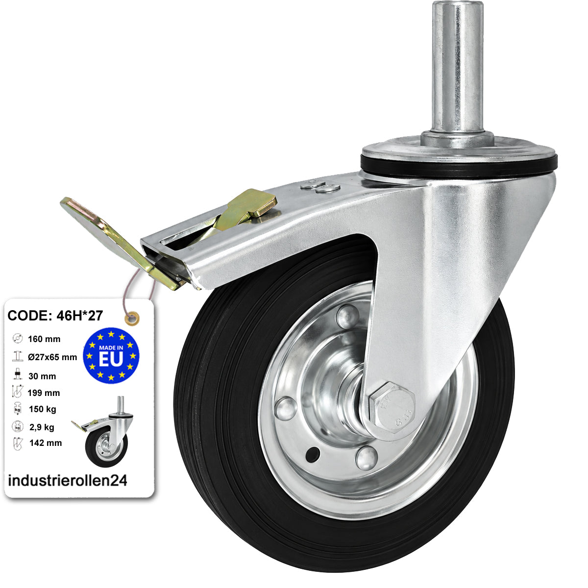 Metall-Gummiräder mit Befestigungsstift und Bremse Lenkrollen  Ø160 mm Code: 46H*27