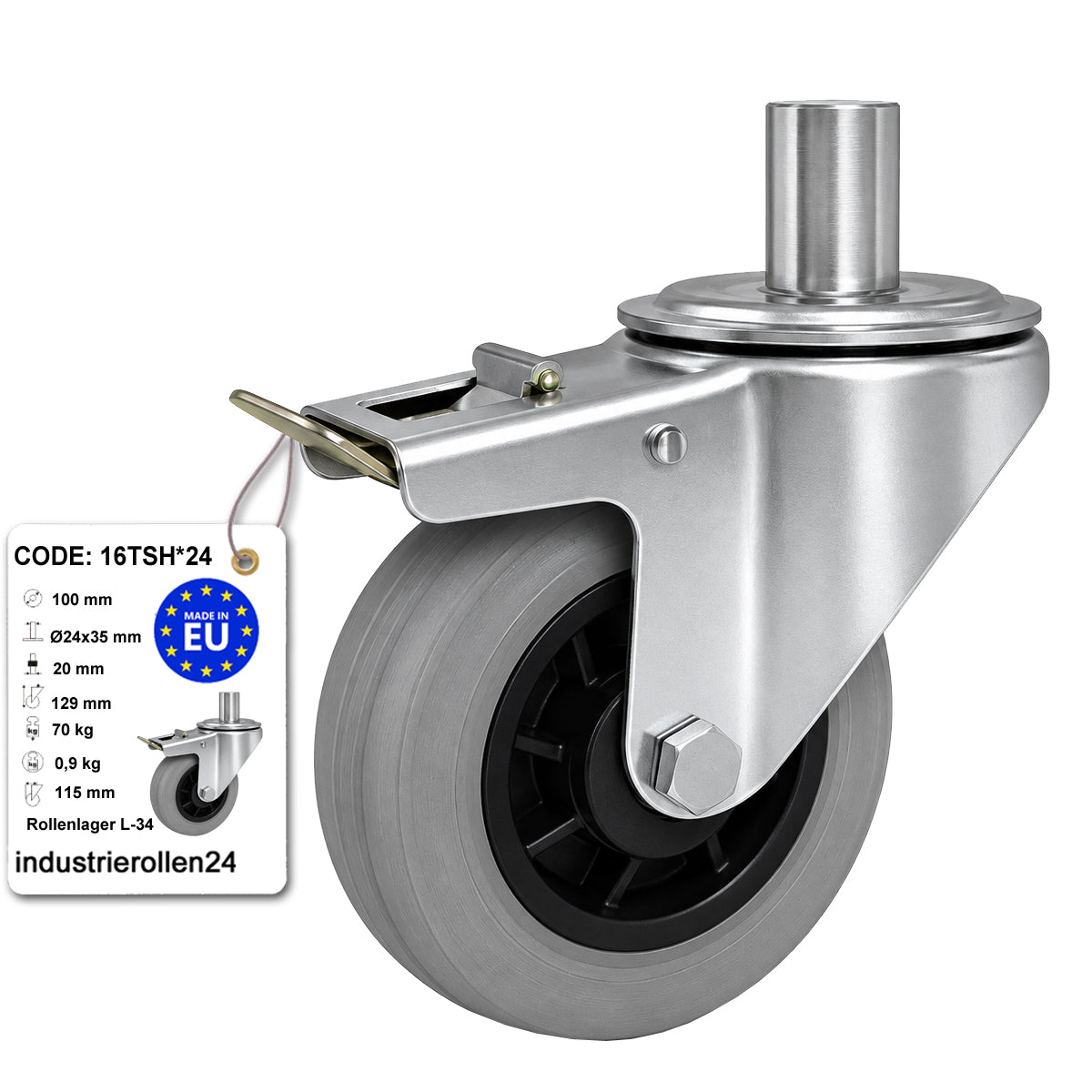 Kunststoff-Gummiräder mit Befestigungsstift und Bremse Lenkrollen  Ø100 mm Code: 16TSH*24