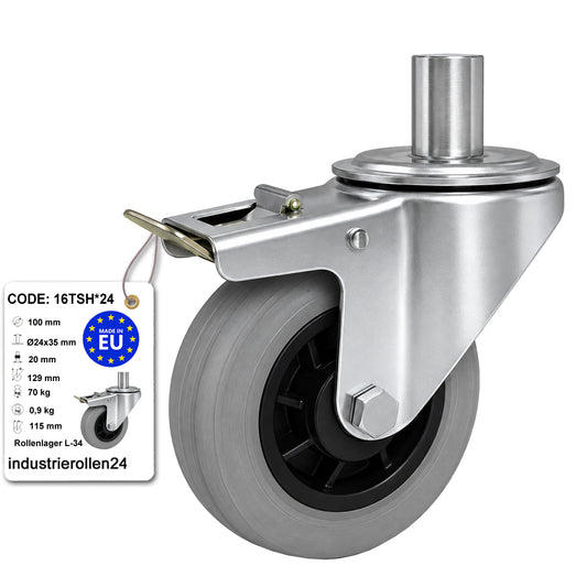 Kunststoff-Gummiräder mit Befestigungsstift und Bremse Lenkrollen  Ø100 mm Code: 16TSH*24