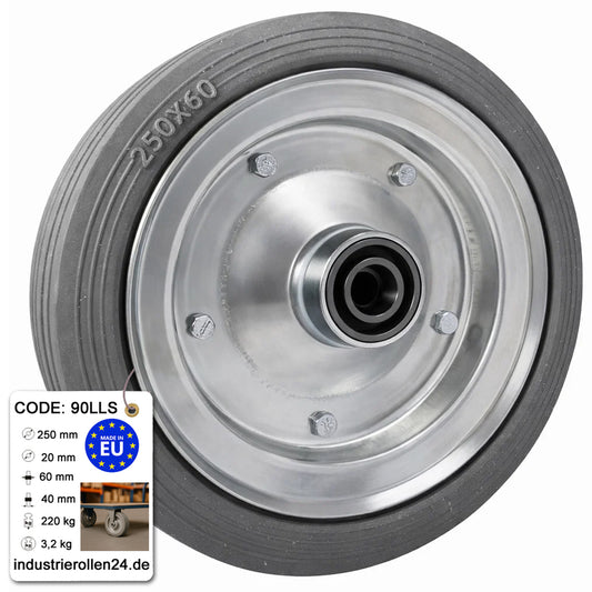 Ersatzrad Ø250 mm – Graues, nicht abfärbendes Vollgummi Industrierad mit Kugellager für Transportwagen, Code: 90LLS