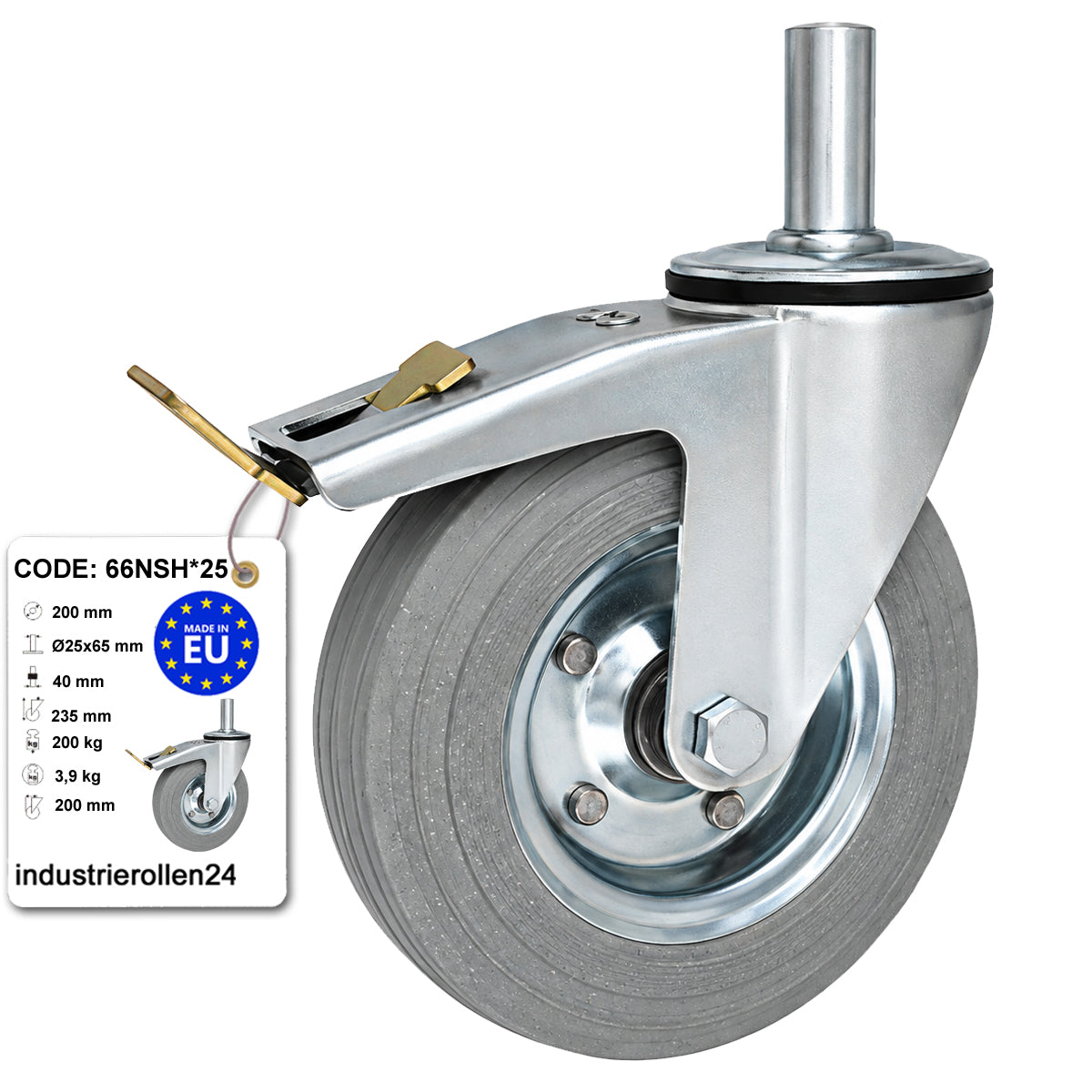 Metall-Gummiräder mit Befestigungsstift und Bremse Lenkrollen  Ø200 mm Code: 66NSH*25