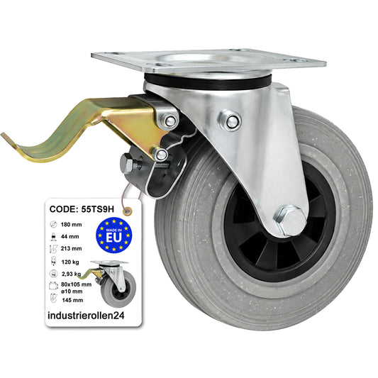 Kunststoff-Gummirrad mit Anschraubplatte und Bremse Lenkrolle Ø180 mm Code: 55TS9H