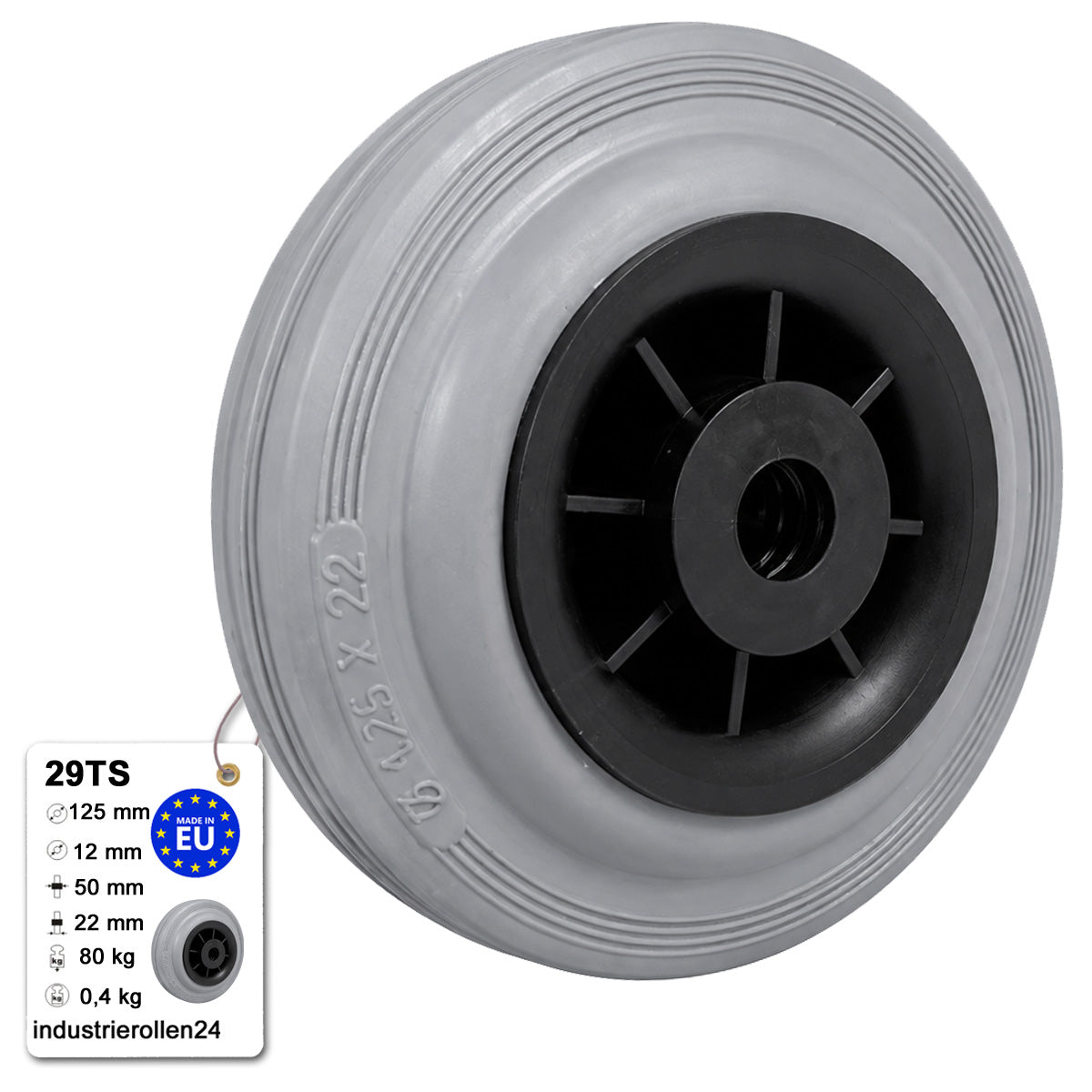 Vollgummi Rad Ø 125 mm mit Polypropylen-Felge Industrie Gummirad Code: 29TS