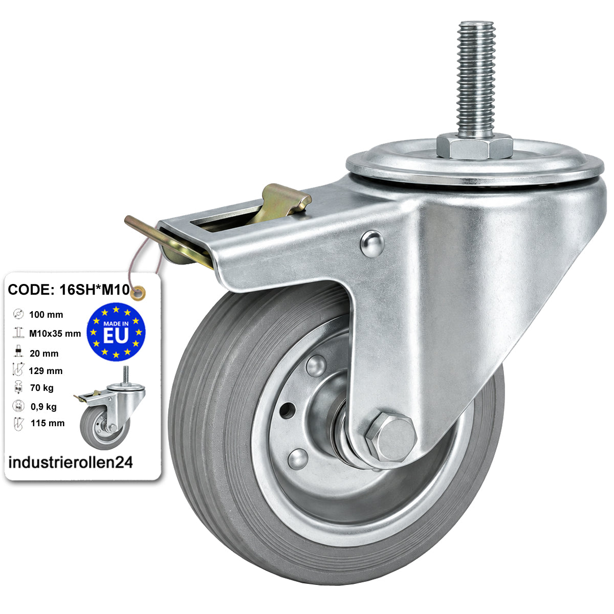 Metall-Gummiräder mit Befestigungsstift und Bremse Lenkrollen  Ø100 mm Code: 16SH*M10