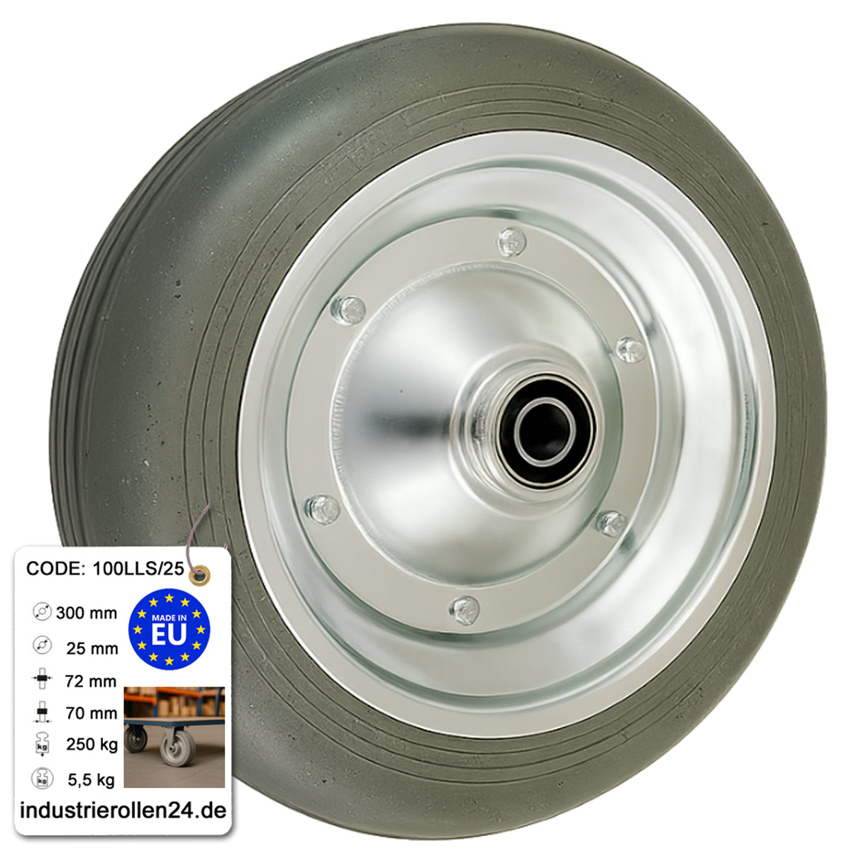 Ersatzrad Ø300 mm – Graues, nicht abfärbendes Vollgummi Industrierad mit Kugellager für Transportwagen, Code: 100LLS/25