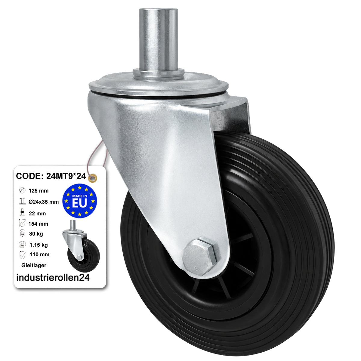 Kunststoff-Gummiräder mit Befestigungsstift Lenkrollen Ø125 mm Code: 24MT9*24