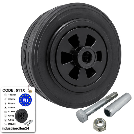Kunststoff-Gummirrad Ø 180 mm Industrie Gummirad mit Montagesatz Code: 51TX
