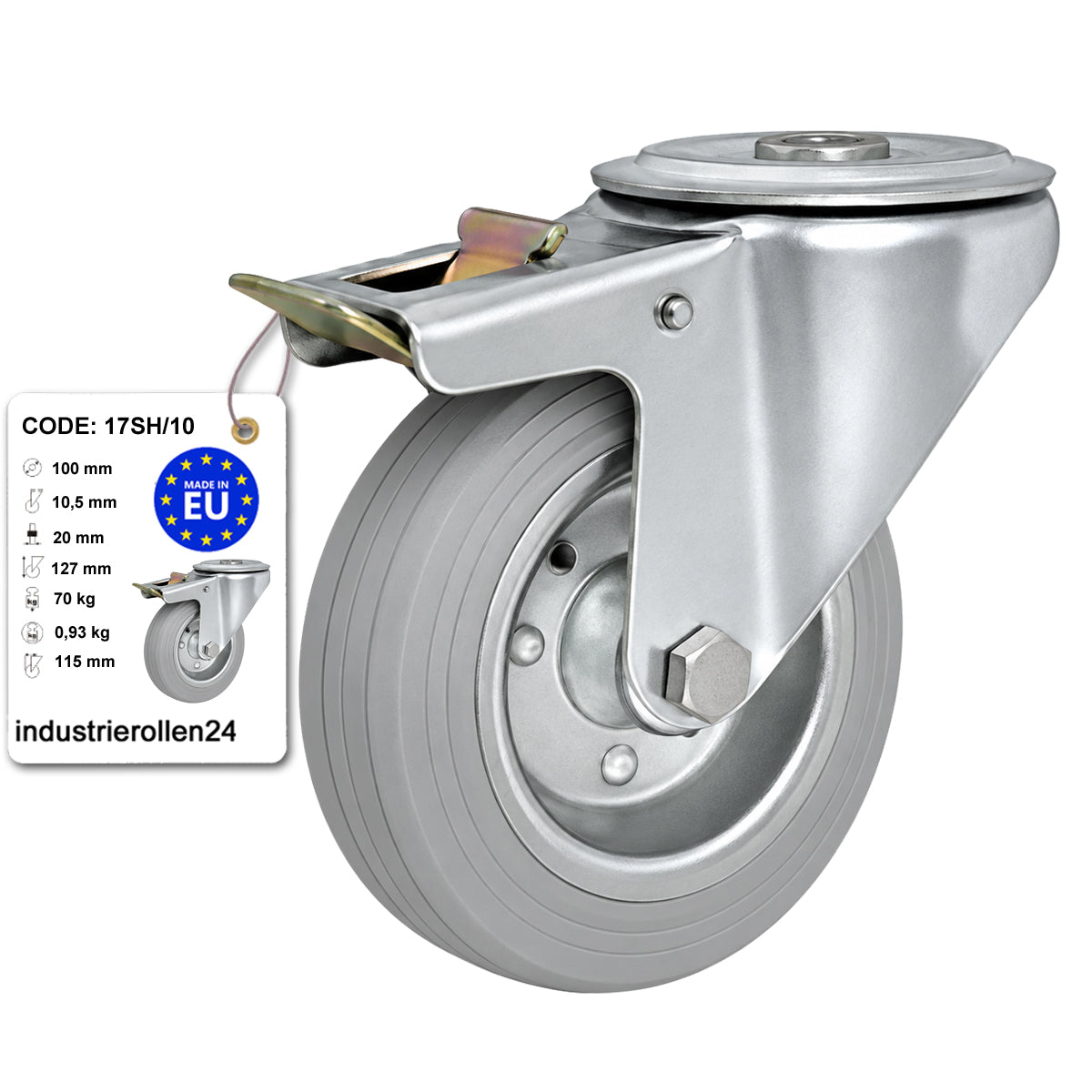 Metall-Gummiräder mit Befestigungsstift mit Zentralbohrung und Bremse Ø100 mm Code: 17SH/10