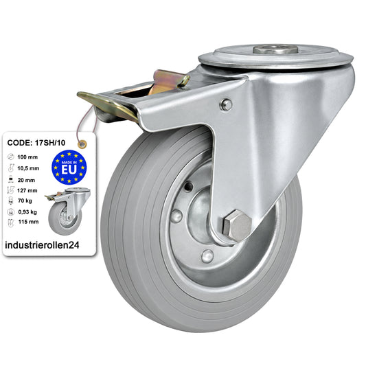 Metall-Gummiräder mit Befestigungsstift mit Zentralbohrung und Bremse Ø100 mm Code: 17SH/10