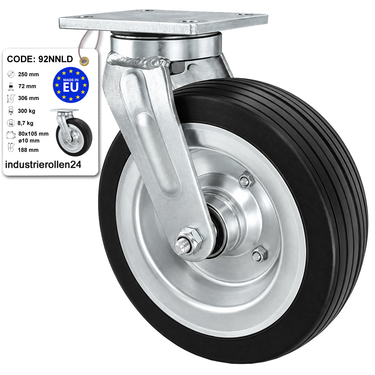 Metall-Gummiräder mit Befestigungsplatte Lenkrolle Ø250 mm mit Platte Code: 92NNLD
