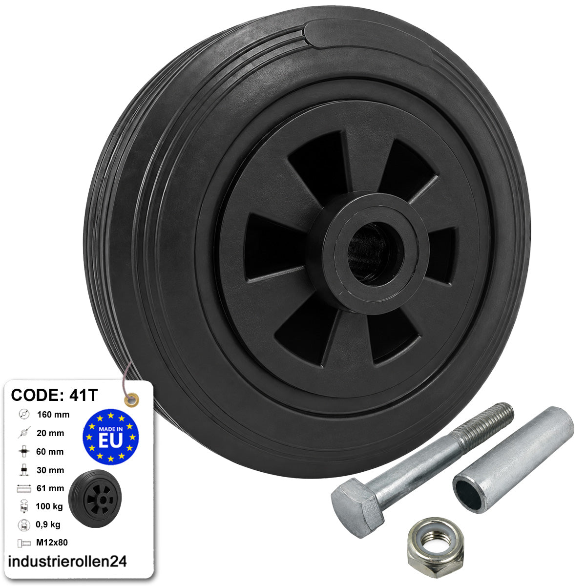 Kunststoff-Gummirrad Ø 160 mm Industrie Gummirad mit Montagesatz Code: 41T