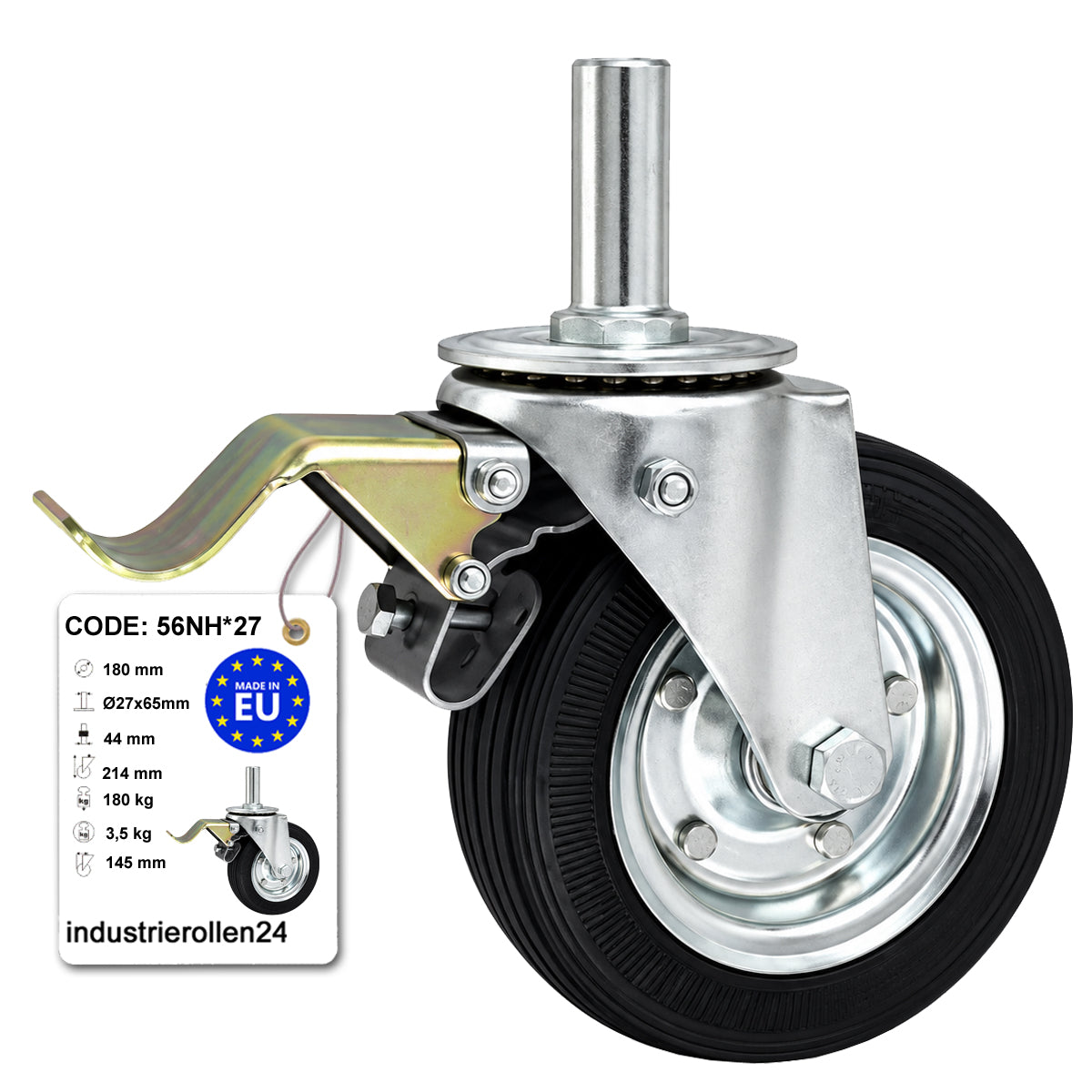 Metall-Gummiräder mit Befestigungsstift und Bremse Lenkrollen  Ø180 mm Code: 56NH*27