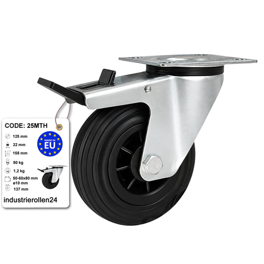 Kunststoff-Gummirrad mit Anschraubplatte und Bremse Lenkrolle Ø125 mm Code: 25MTH