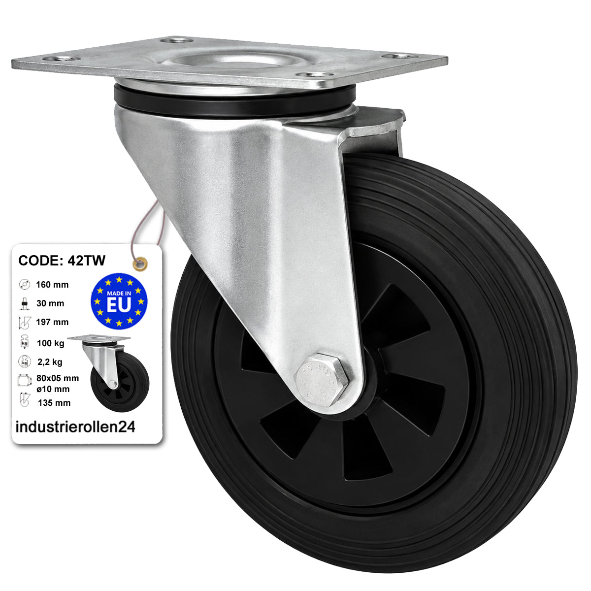 Kunststoff-Gummirrad mit Anschraubplatte Lenkrolle Ø160 mm mit Platte Code: 42TW