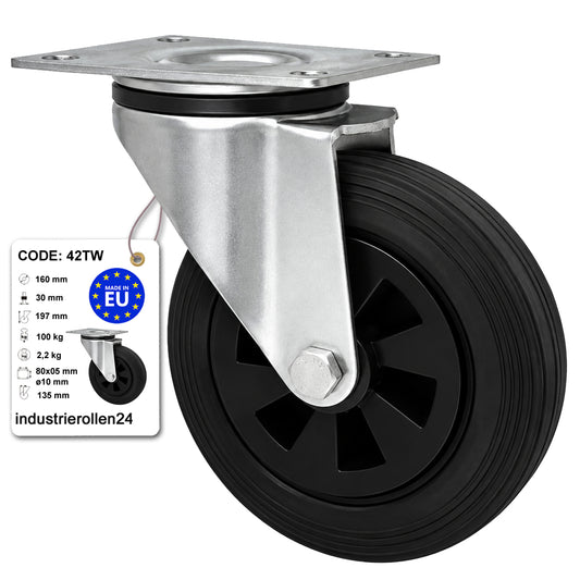 Kunststoff-Gummirrad mit Anschraubplatte Lenkrolle Ø160 mm mit Platte Code: 42TW