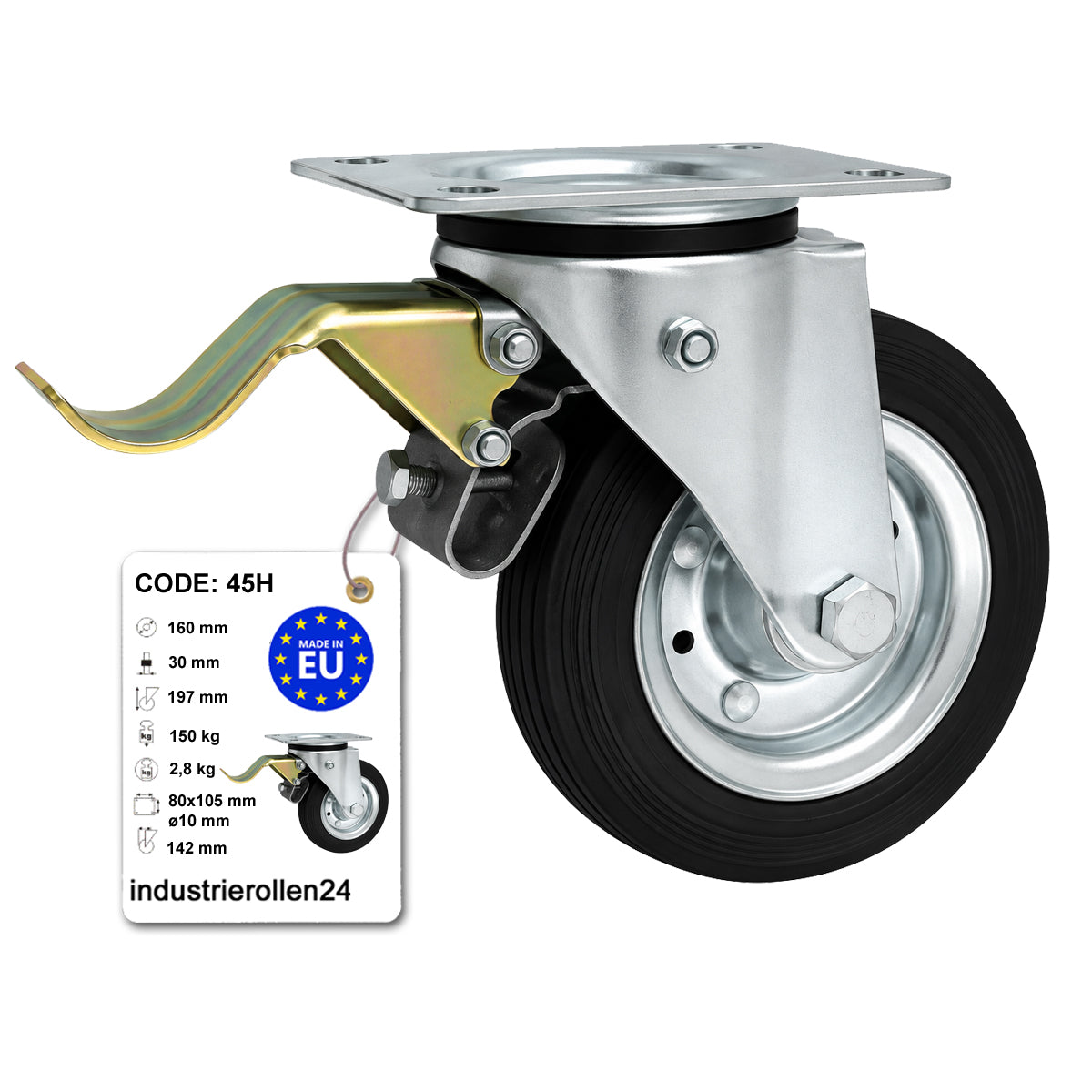 Metall-Gummiräder mit Befestigungsplatte und Bremse Lenkrolle Ø160 mm Code: 45H