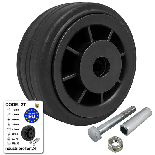 Kunststoff-Gummirrad Ø 80 mm Industrie Gummirad mit Montagesatz Code: 2T
